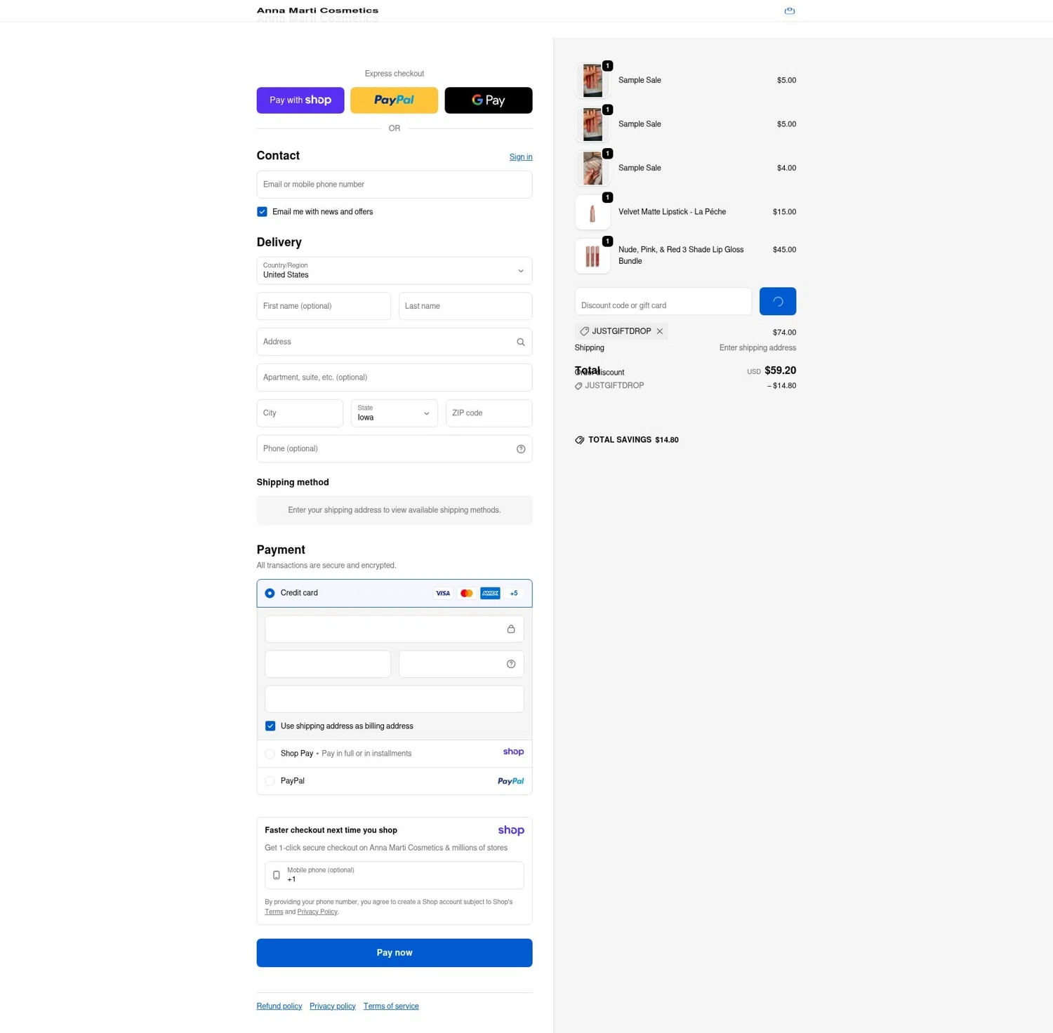 Anna Marti Cosmetics promo code screenshot showing code justgiftdrop applied at Anna Marti Cosmetics checkout page. Uploaded by SimplyCodes community member LOgoter on Jan 15, 2026