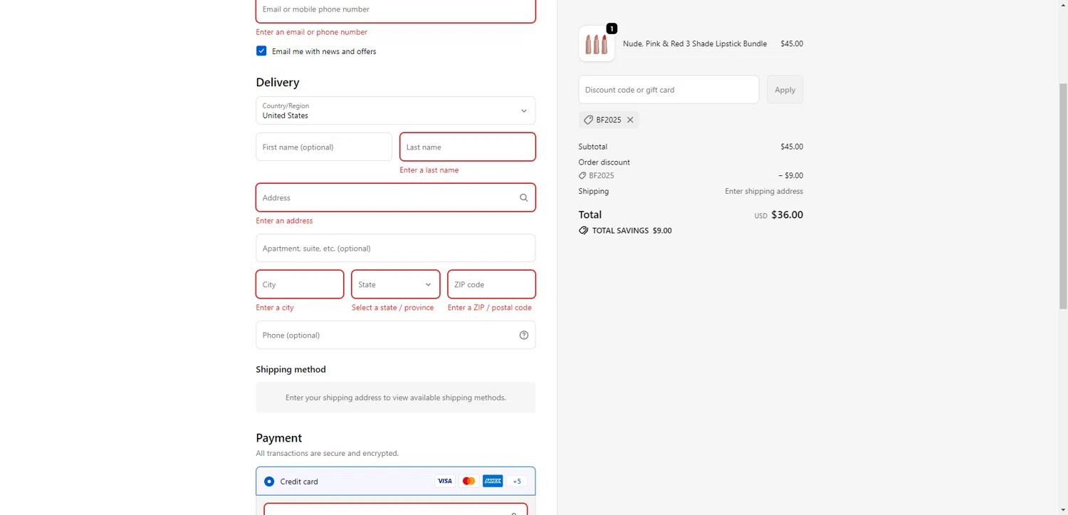 Anna Marti Cosmetics checkout page showing Anna Marti Cosmetics promo code box | Screenshot taken by SimplyCodes community member on Feb 13, 2026