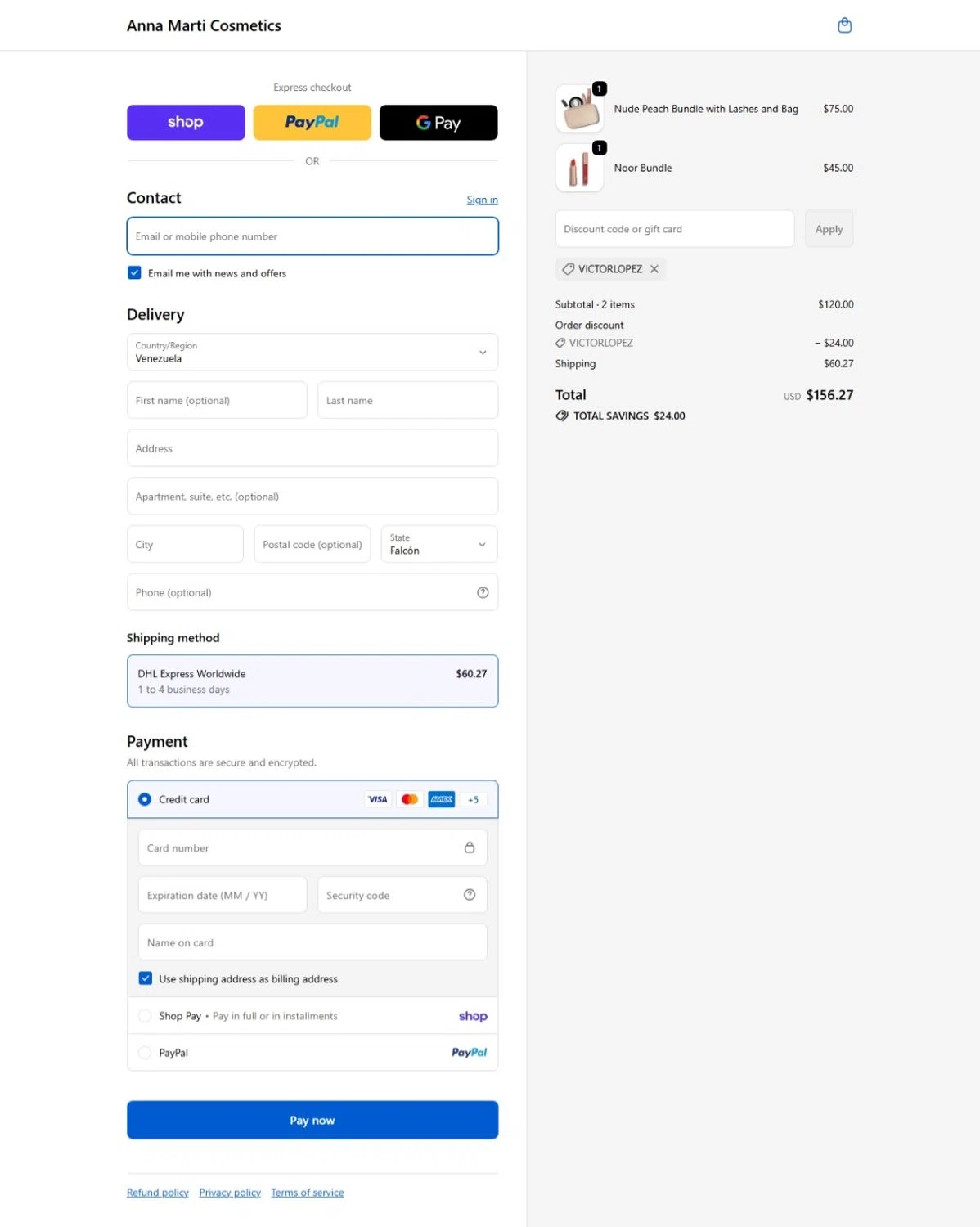 Anna Marti Cosmetics promo code screenshot showing code VICTORLOPEZ applied at Anna Marti Cosmetics checkout page. Uploaded by SimplyCodes community member belma123 on Feb 16, 2026