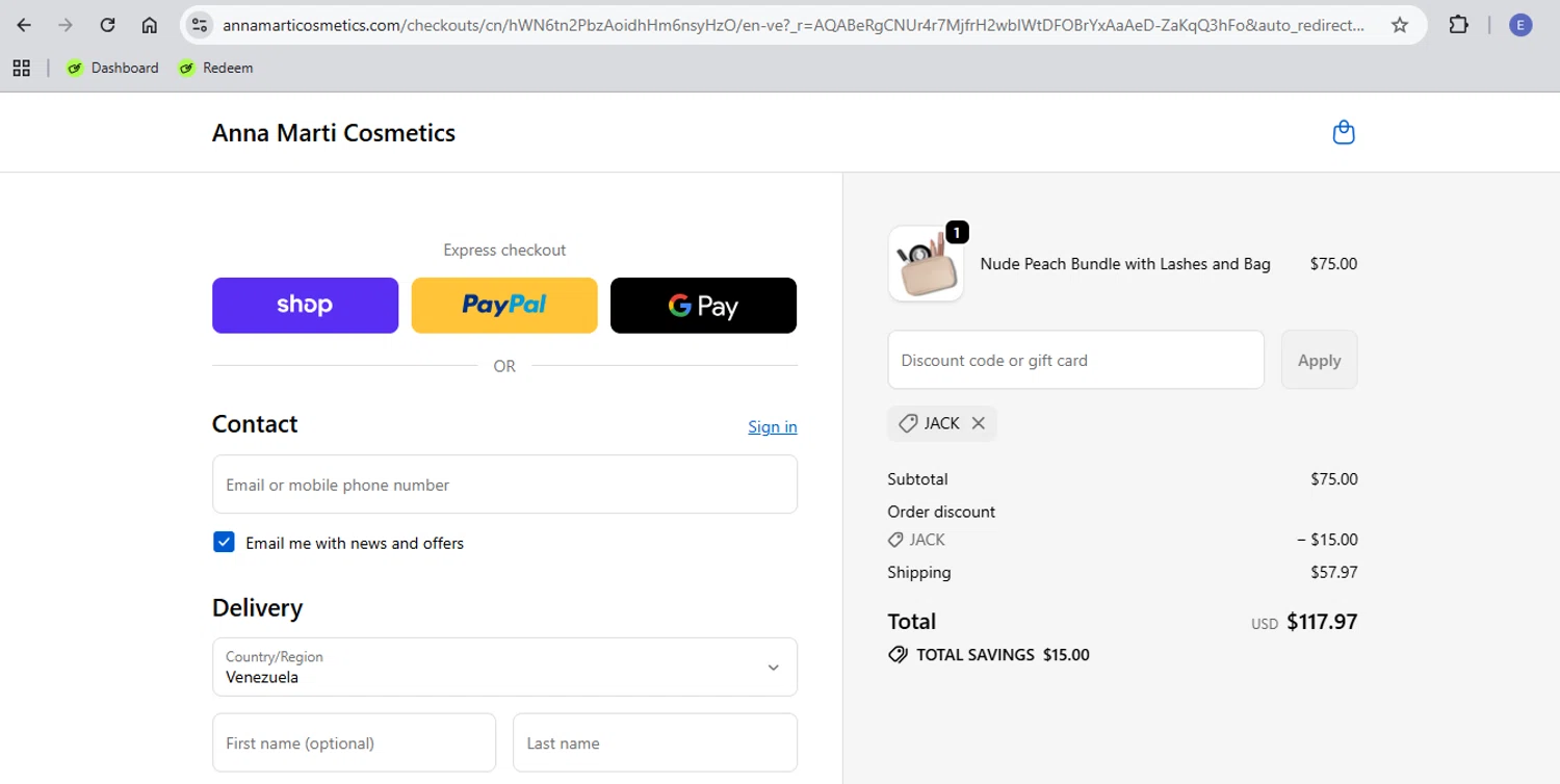 Anna Marti Cosmetics promo code screenshot showing code JACK applied at Anna Marti Cosmetics checkout page. Uploaded by SimplyCodes community member elizabethbriceno on Dec 27, 2025
