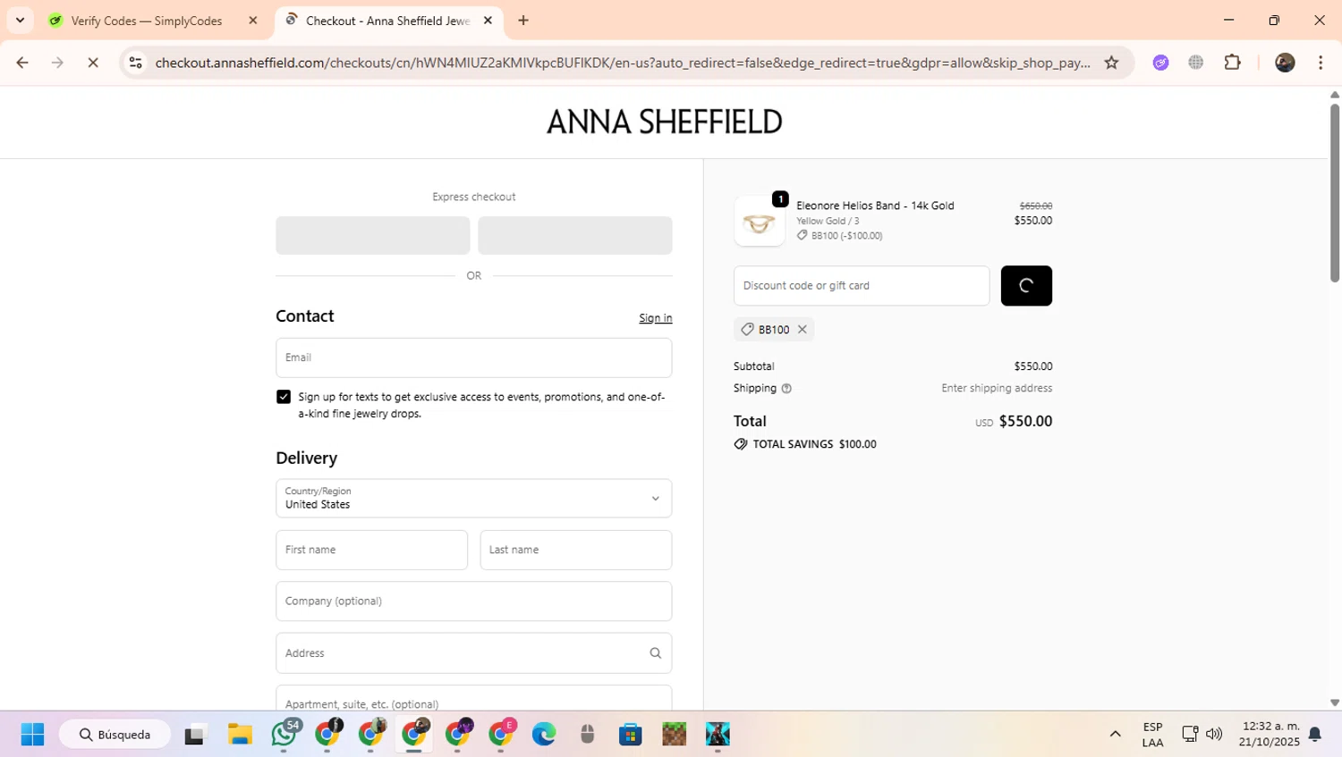 Anna Sheffield discount code screenshot showing code BB100 applied at Anna Sheffield checkout page. Uploaded by SimplyCodes community member CoinScout855 on Oct 21, 2025