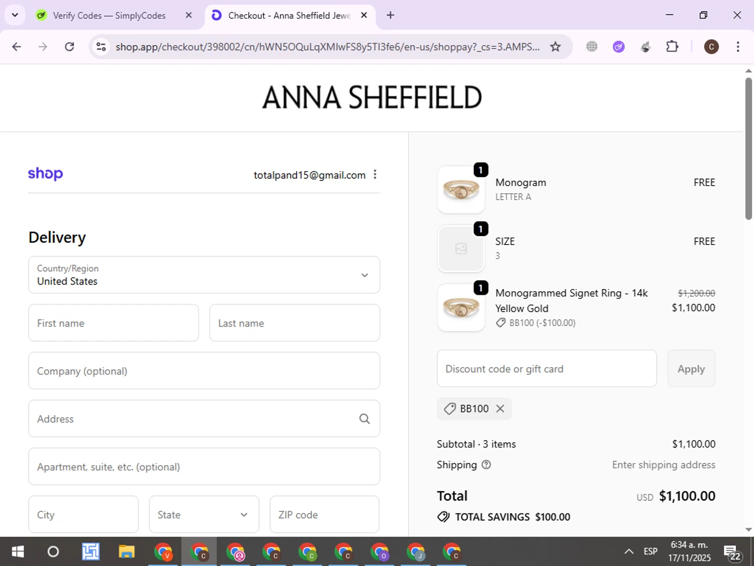 Anna Sheffield discount code screenshot showing code BB100 applied at Anna Sheffield checkout page. Uploaded by SimplyCodes community member ExtraordinaryPro8536 on Nov 17, 2025