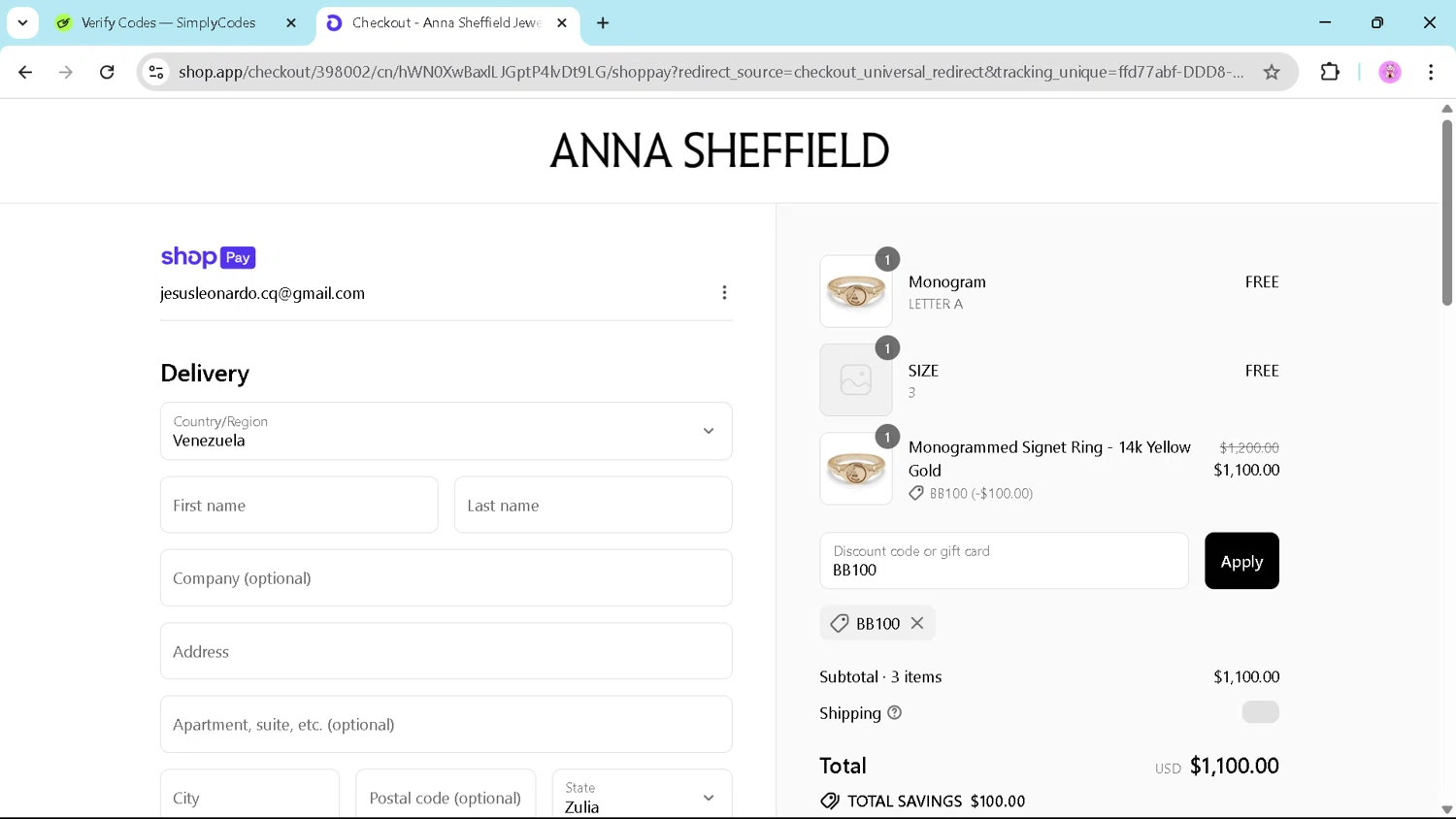 Anna Sheffield discount code screenshot showing code BB100 applied at Anna Sheffield checkout page. Uploaded by SimplyCodes community member cristianojesus on Jul 12, 2025