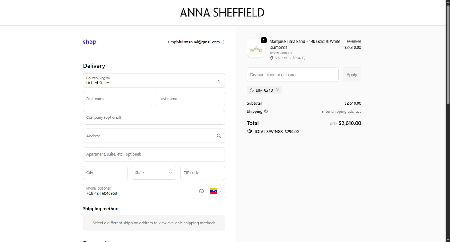 Anna Sheffield discount code screenshot showing code SIMPLY10 applied at Anna Sheffield checkout page. Uploaded by SimplyCodes community member MagnificentTiger8908 on Dec 2, 2025