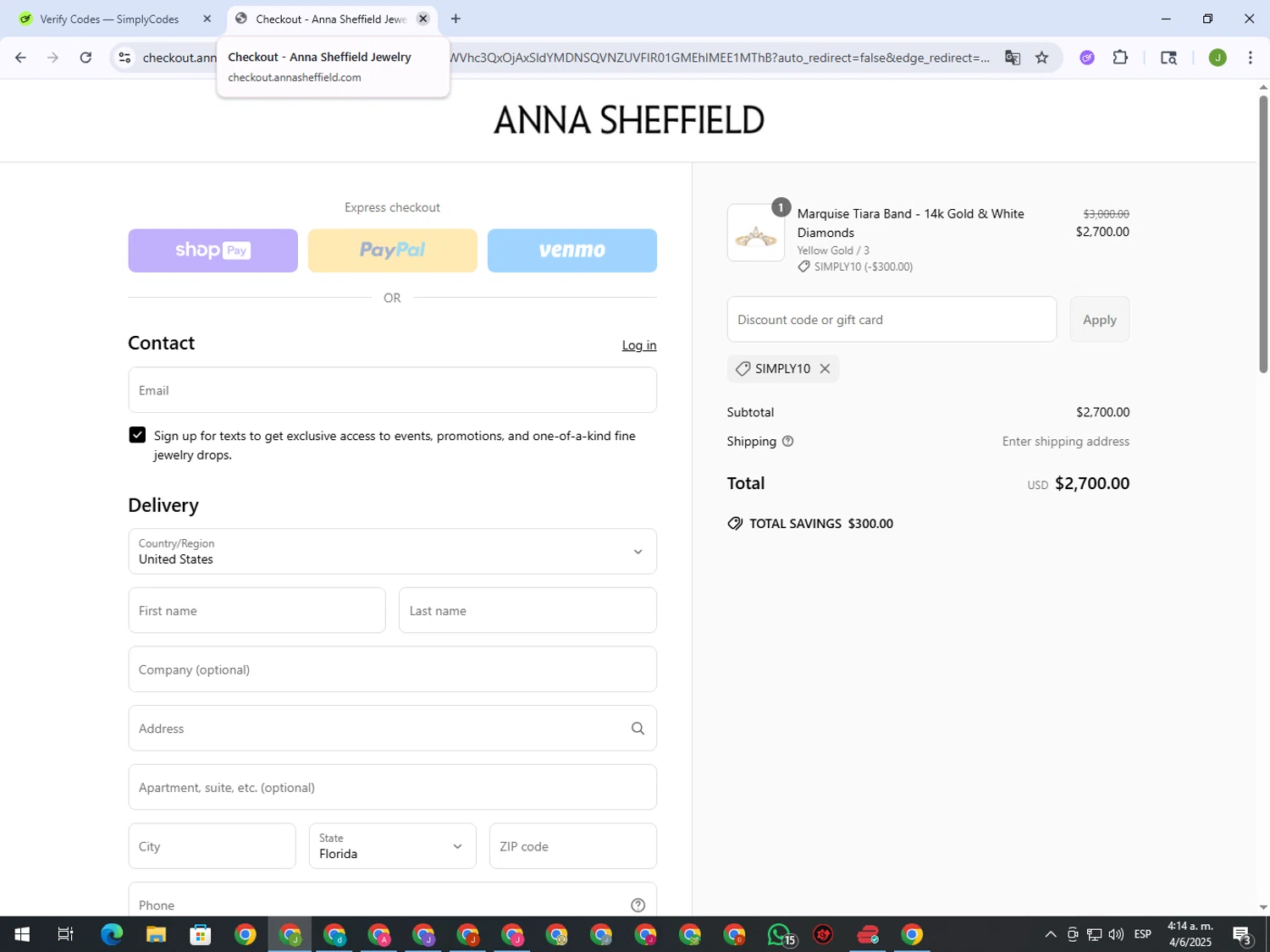 Anna Sheffield discount code screenshot showing code SIMPLY10 applied at Anna Sheffield checkout page. Uploaded by SimplyCodes community member MightyFinder1041 on Jun 4, 2025