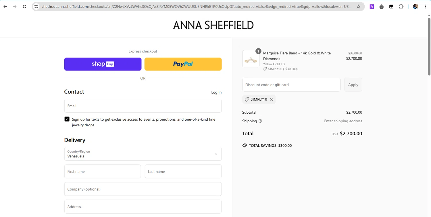 Anna Sheffield discount code screenshot showing code SIMPLY10 applied at Anna Sheffield checkout page. Uploaded by SimplyCodes community member YHLQMDLGN on May 10, 2025