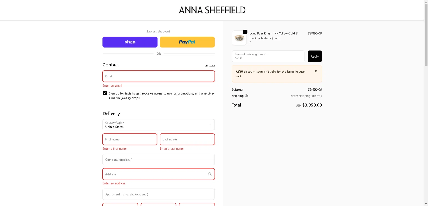 Anna Sheffield discount code screenshot showing code AS10 applied at Anna Sheffield checkout page. Uploaded by SimplyCodes community member DealHunter6996 on Nov 27, 2025