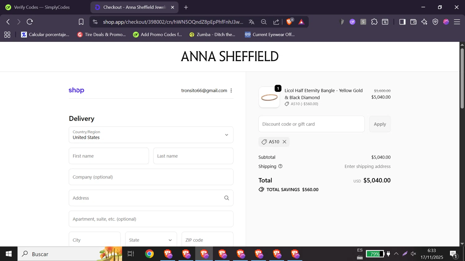 Anna Sheffield discount code screenshot showing code AS10 applied at Anna Sheffield checkout page. Uploaded by SimplyCodes community member elizabethjames on Nov 17, 2025