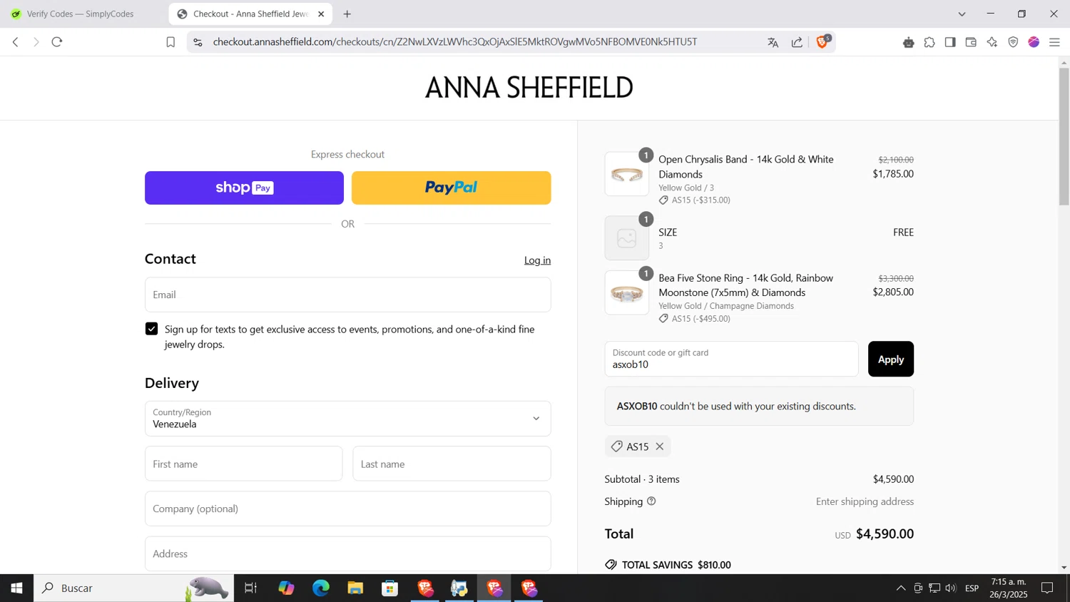 Anna Sheffield discount code screenshot showing code asxob10 applied at Anna Sheffield checkout page. Uploaded by SimplyCodes community member AnthonyGTX on Mar 26, 2025