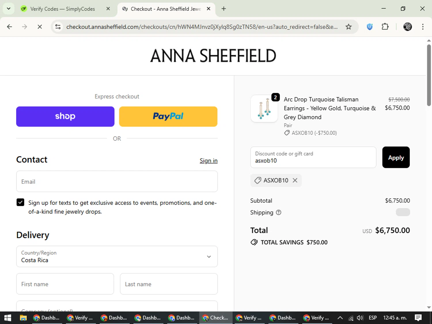Anna Sheffield discount code screenshot showing code asxob10 applied at Anna Sheffield checkout page. Uploaded by SimplyCodes community member PrimeKnight6101 on Oct 21, 2025