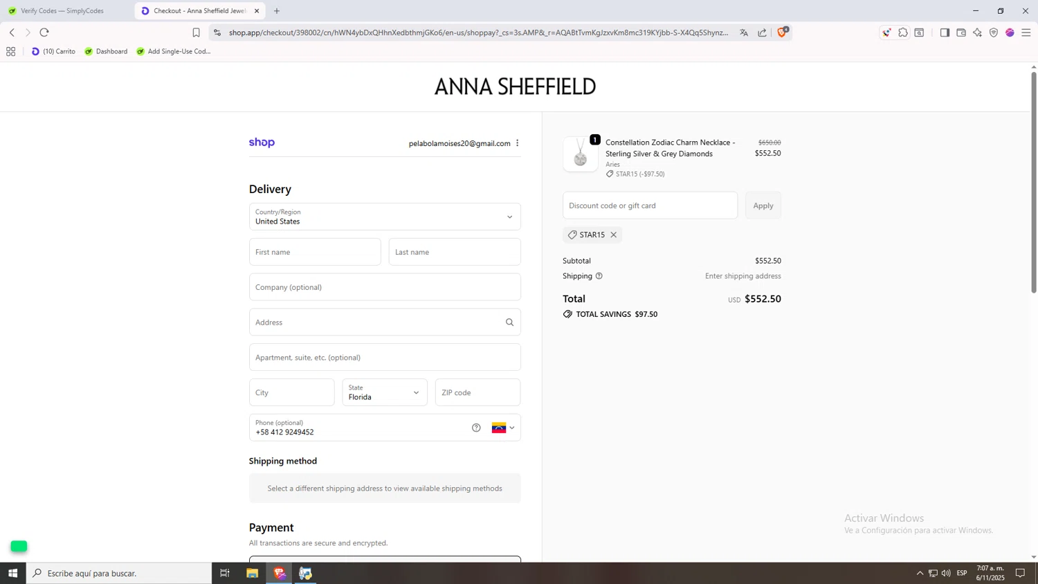 Anna Sheffield discount code screenshot showing code star15 applied at Anna Sheffield checkout page. Uploaded by SimplyCodes community member 1p1p1p on Nov 6, 2025