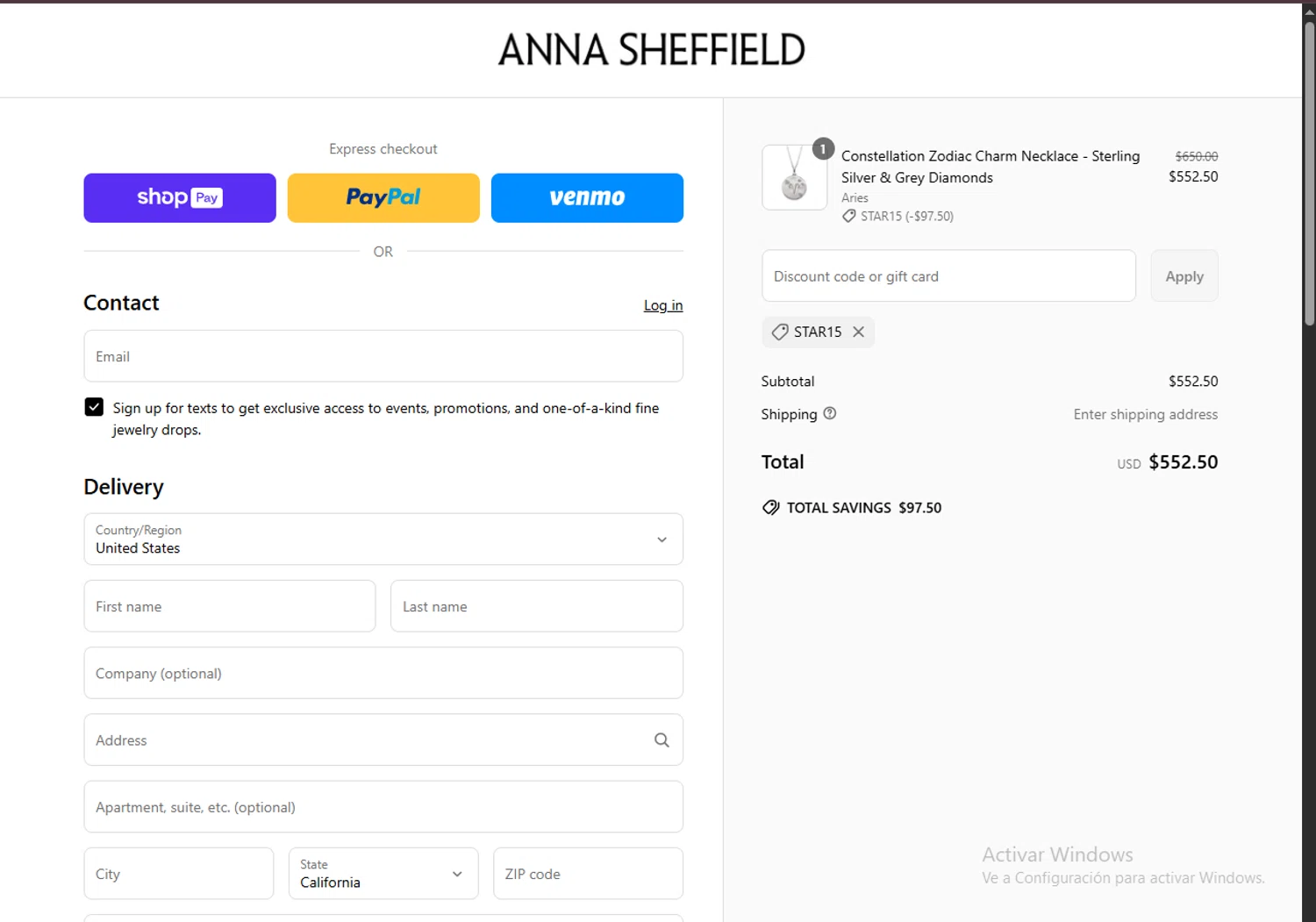 Anna Sheffield discount code screenshot showing code star15 applied at Anna Sheffield checkout page. Uploaded by SimplyCodes community member FortunateDefender7285 on Apr 30, 2025