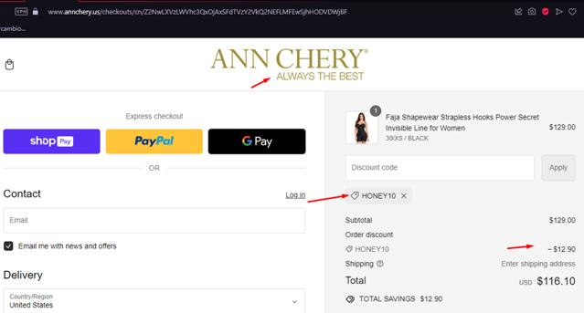 Ann Chery checkout page showing Ann Chery promo code box | Screenshot taken by SimplyCodes community member on May 1, 2024