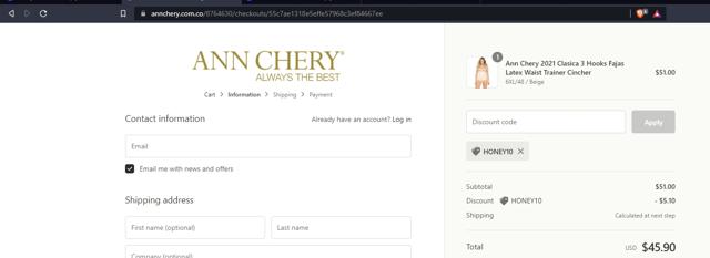 Ann Chery checkout page showing Ann Chery promo code box | Screenshot taken by SimplyCodes community member on Nov 18, 2021