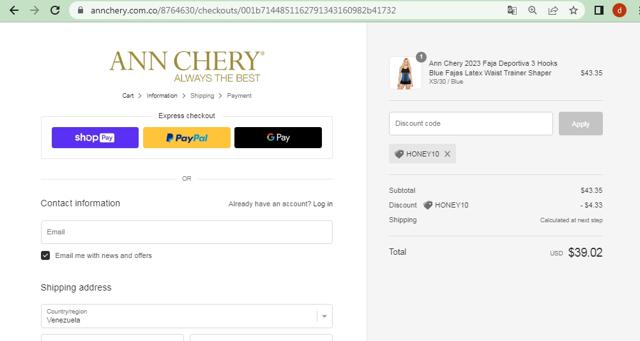 Ann Chery checkout page showing Ann Chery promo code box | Screenshot taken by SimplyCodes community member on Mar 28, 2023