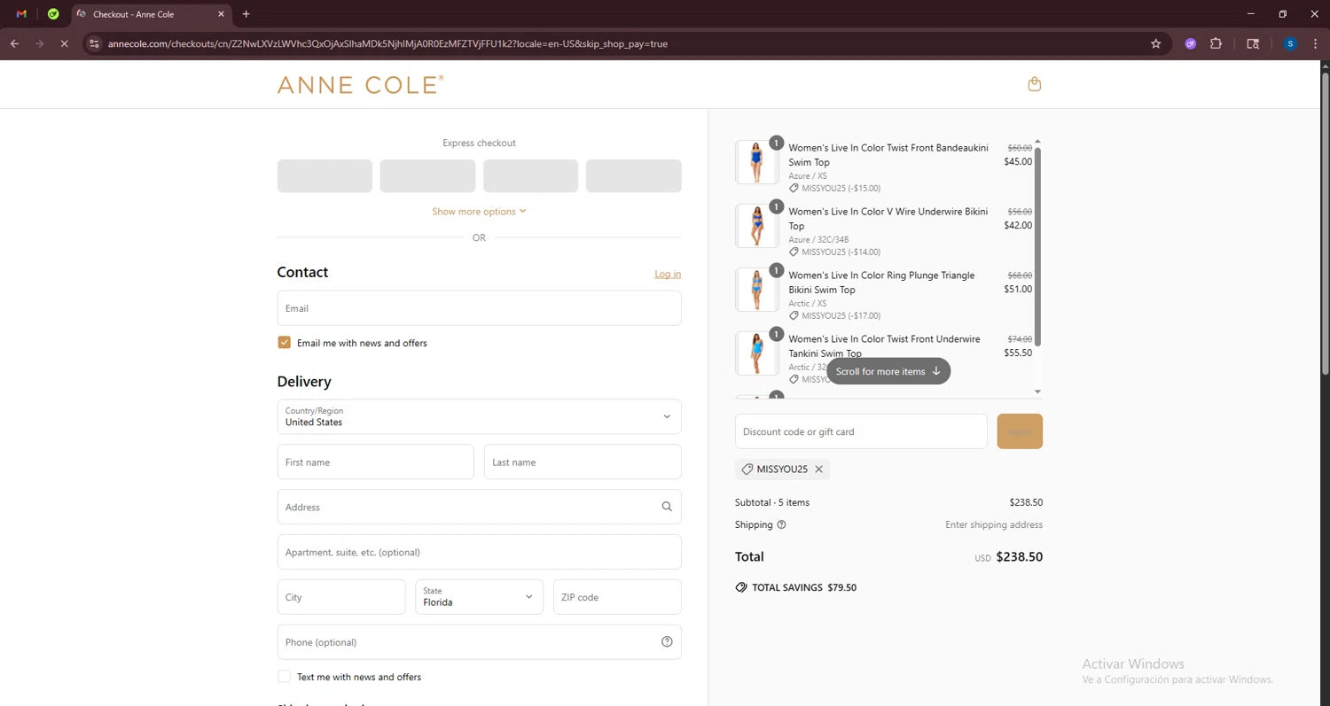 Anne Cole discount code screenshot showing code MISSYOU25 applied at Anne Cole checkout page. Uploaded by SimplyCodes community member BrandoJose1 on Jun 17, 2025