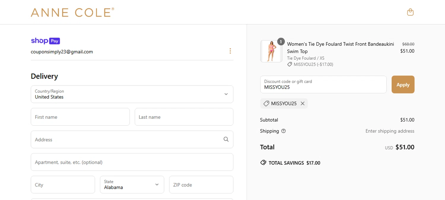 Anne Cole discount code screenshot showing code MISSYOU25 applied at Anne Cole checkout page. Uploaded by SimplyCodes community member IsabellaMillan on May 20, 2025