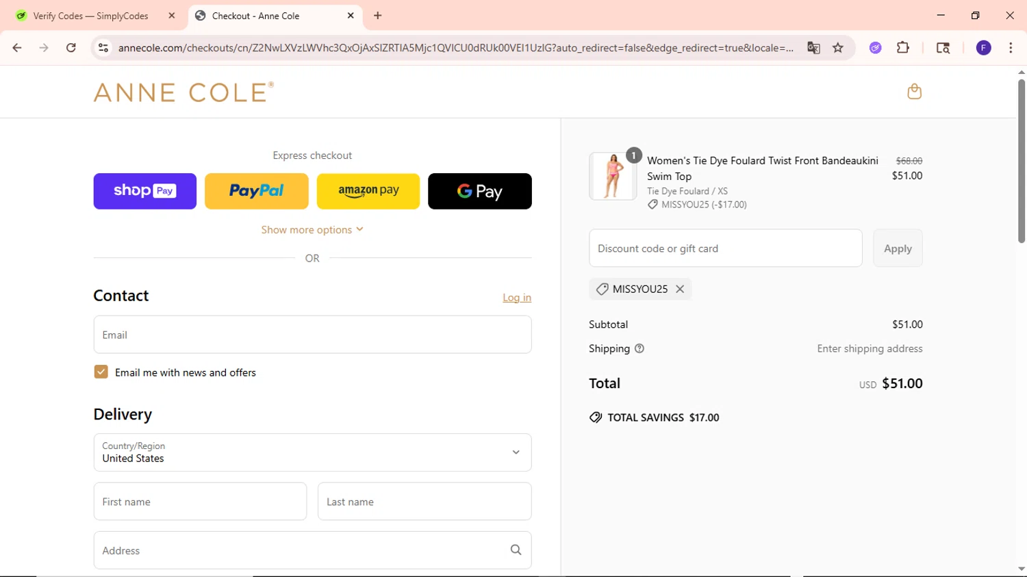 Anne Cole discount code screenshot showing code MISSYOU25 applied at Anne Cole checkout page. Uploaded by SimplyCodes community member MightyCaptain635 on May 20, 2025