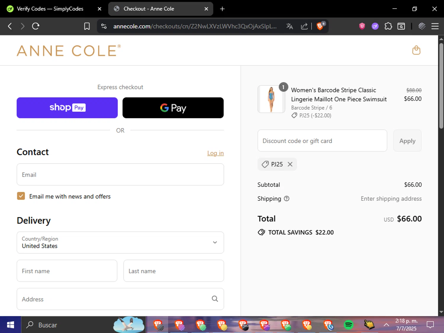 Anne Cole discount code screenshot showing code PJ25 applied at Anne Cole checkout page. Uploaded by SimplyCodes community member Cuponzinho on Jul 7, 2025