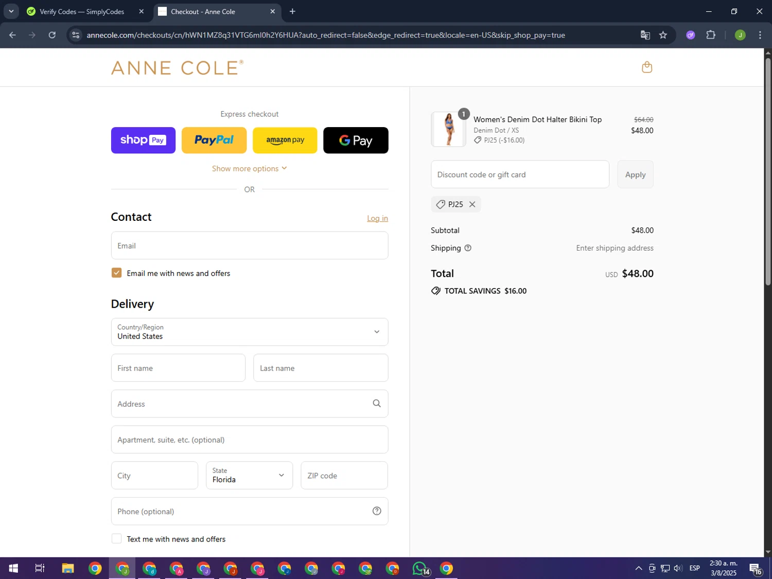 Anne Cole discount code screenshot showing code PJ25 applied at Anne Cole checkout page. Uploaded by SimplyCodes community member MightyFinder1041 on Aug 3, 2025
