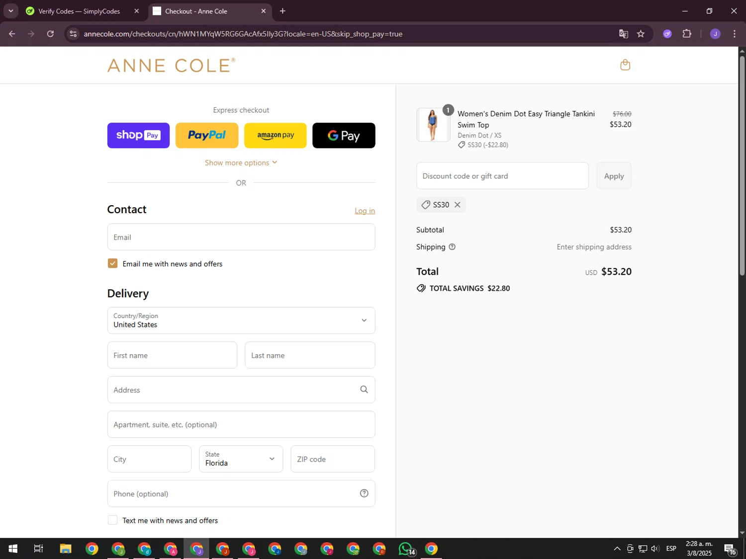 Anne Cole discount code screenshot showing code SS30 applied at Anne Cole checkout page. Uploaded by SimplyCodes community member ValueHero2277 on Aug 3, 2025