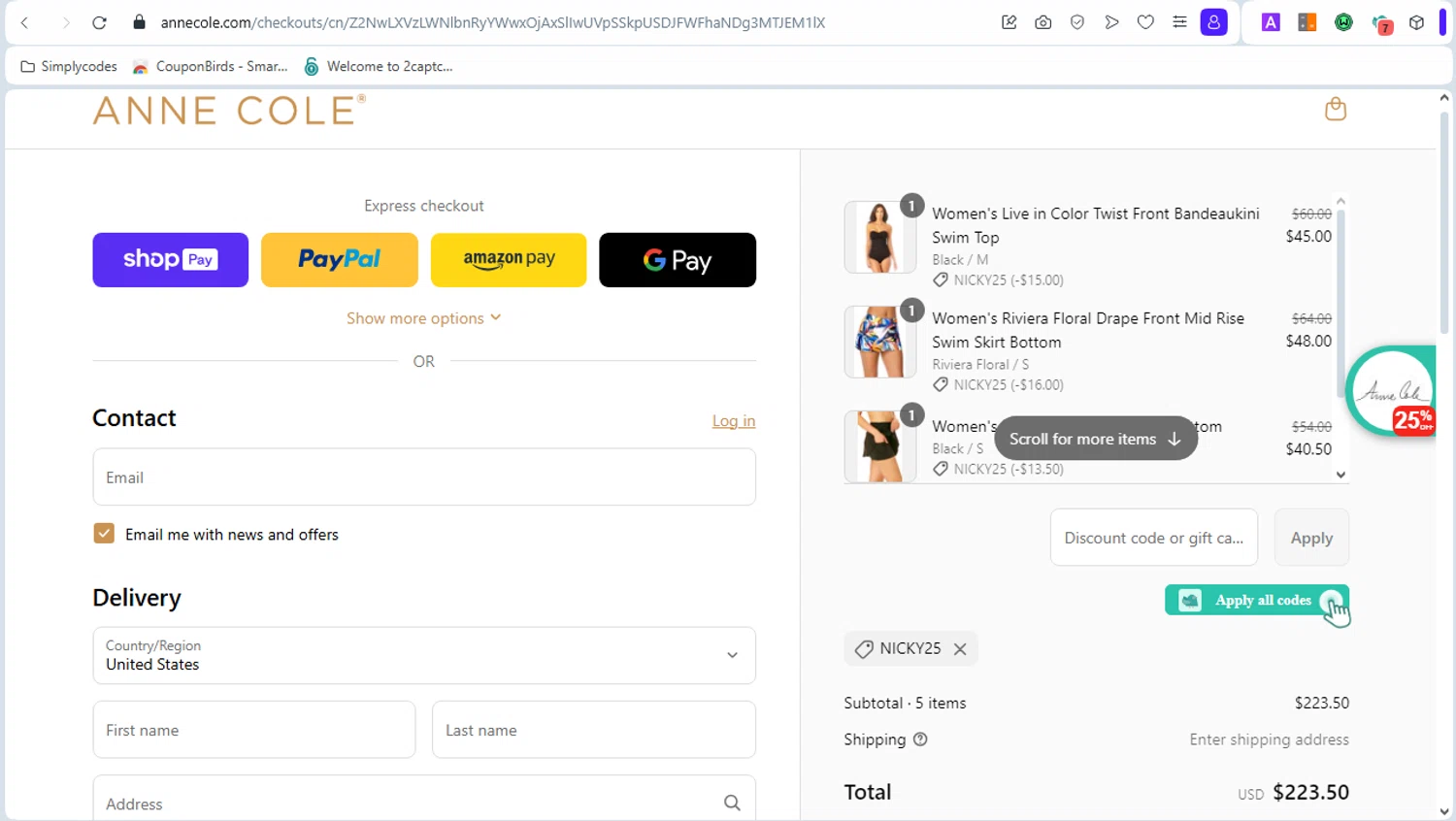 Anne Cole discount code screenshot showing code NICKY25 applied at Anne Cole checkout page. Uploaded by SimplyCodes community member GoldAce5838 on Apr 4, 2025