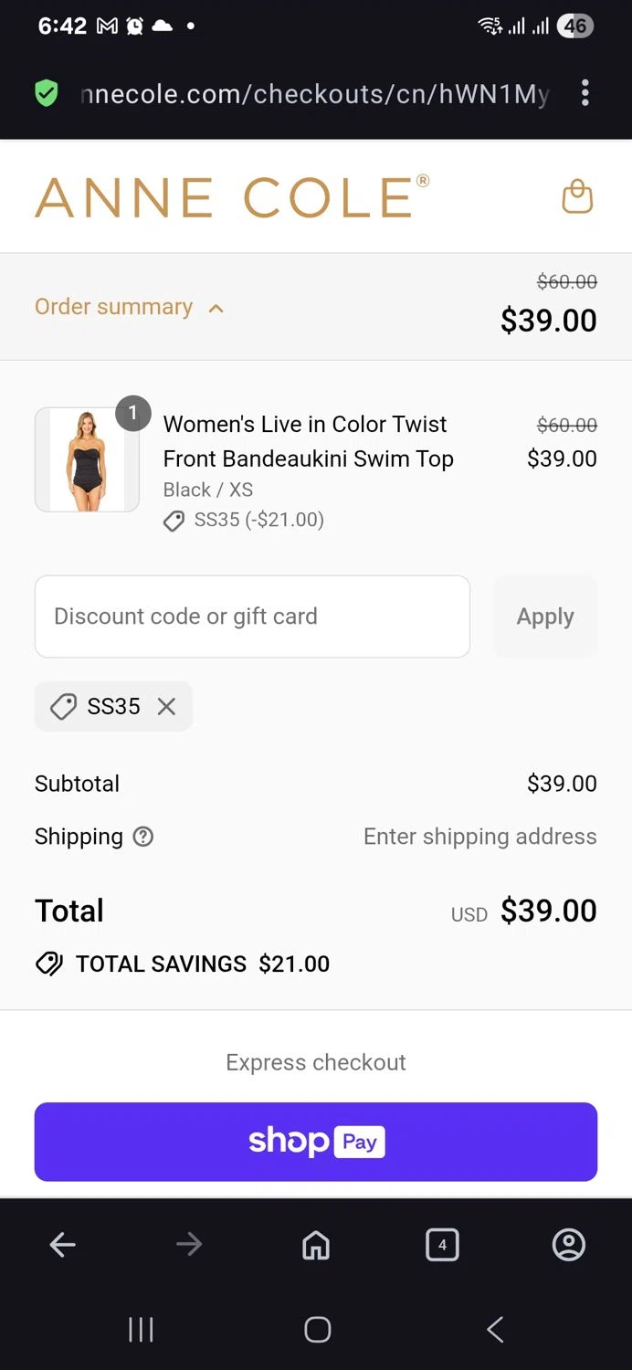 Anne Cole discount code screenshot showing code Ss35 applied at Anne Cole checkout page. Uploaded by SimplyCodes community member vida5254427716958 on Aug 3, 2025