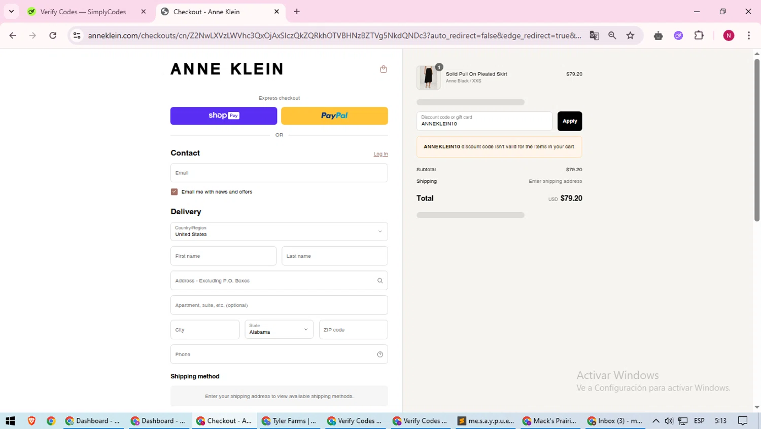 Anne Klein coupon code screenshot showing code ANNEKLEIN10 applied at Anne Klein checkout page. Uploaded by SimplyCodes community member CoinWizard8578 on May 25, 2025