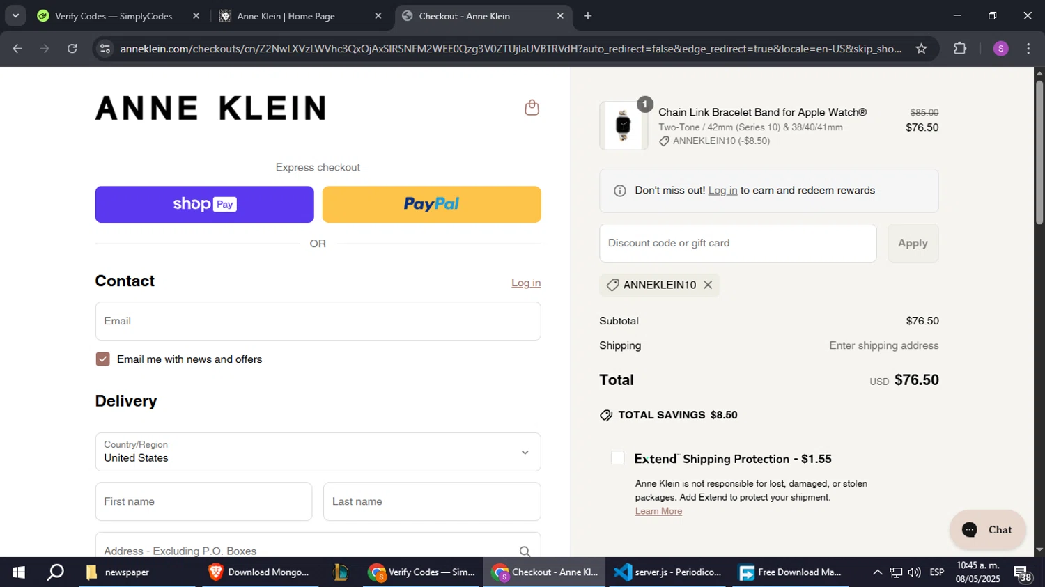 Anne Klein coupon code screenshot showing code ANNEKLEIN10 applied at Anne Klein checkout page. Uploaded by SimplyCodes community member TokenTiger7938 on May 8, 2025