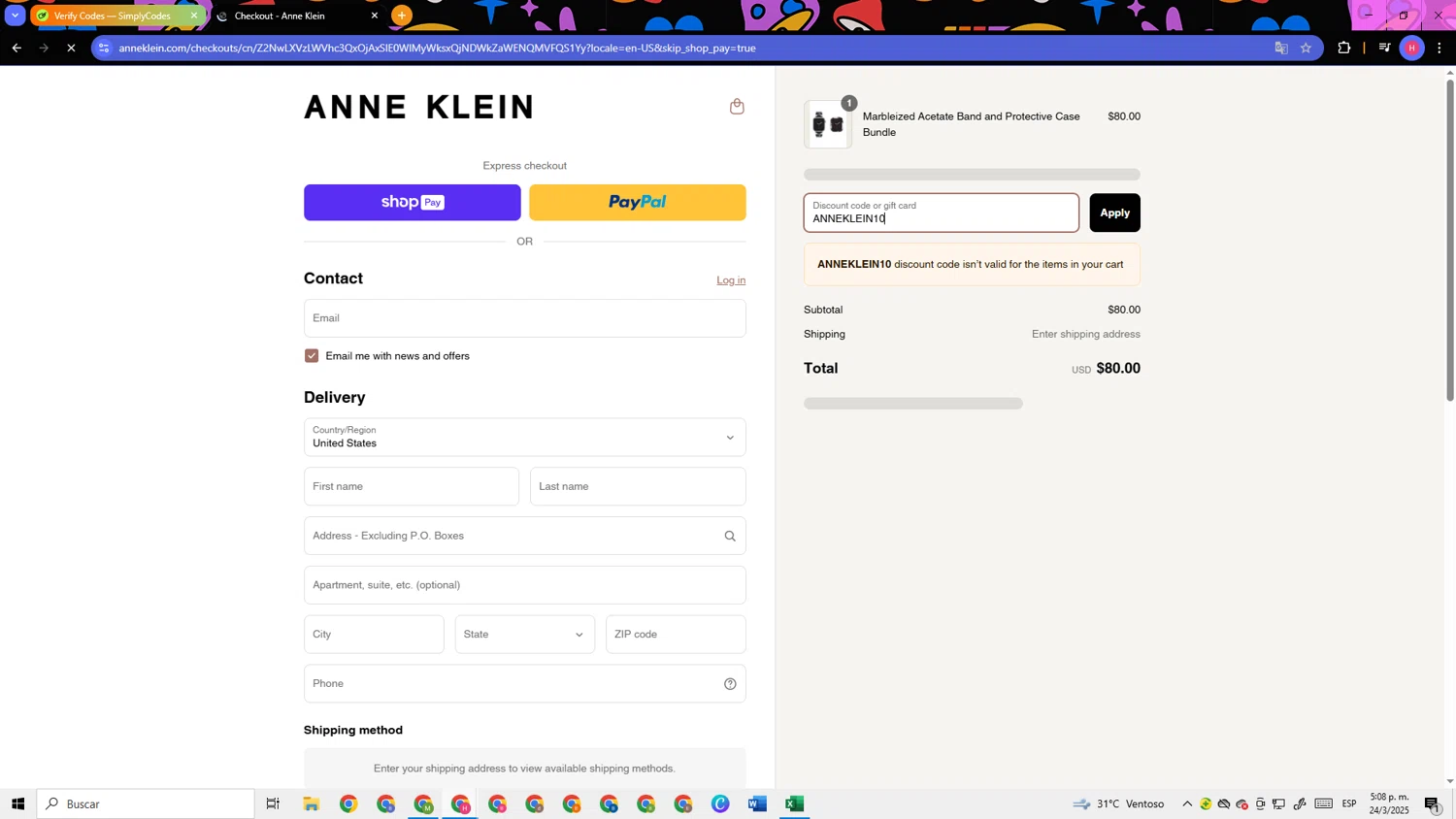 Anne Klein coupon code screenshot showing code ANNEKLEIN10 applied at Anne Klein checkout page. Uploaded by SimplyCodes community member TokenSleuth5758 on Mar 24, 2025