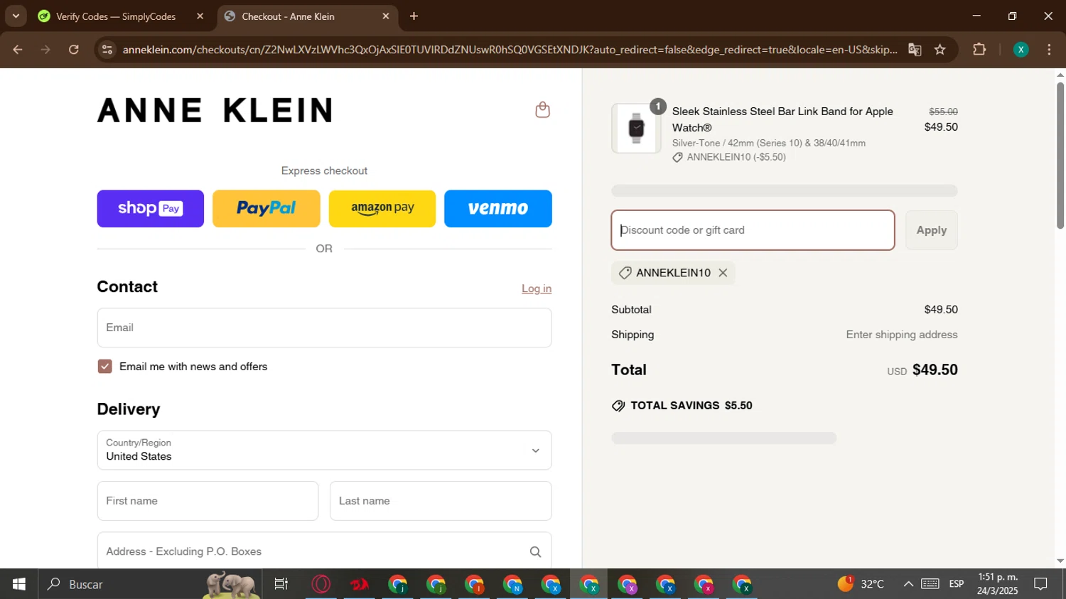 Anne Klein coupon code screenshot showing code ANNEKLEIN10 applied at Anne Klein checkout page. Uploaded by SimplyCodes community member BonusWarden6019 on Mar 24, 2025