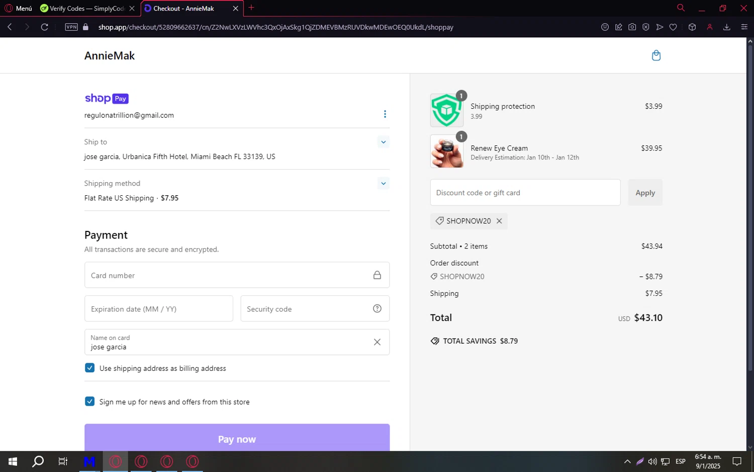 Annie Mak promo code screenshot showing code Shopnow20 applied at Annie Mak checkout page. Uploaded by SimplyCodes community member Messii on Jan 9, 2025
