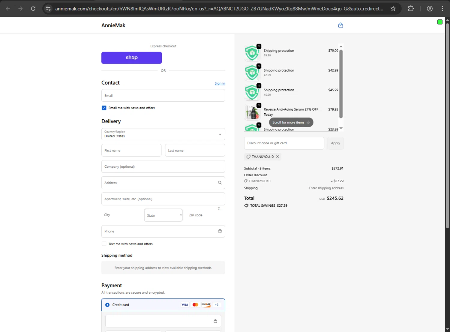 Annie Mak checkout page showing Annie Mak promo code box | Screenshot taken by SimplyCodes community member on Feb 14, 2026