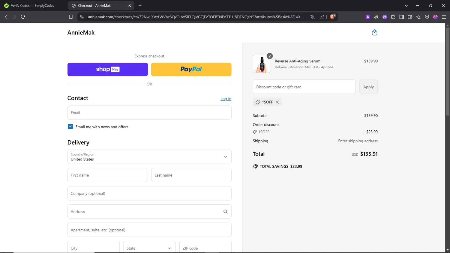 Annie Mak promo code screenshot showing code 15off applied at Annie Mak checkout page. Uploaded by SimplyCodes community member Morrachida04 on Mar 30, 2025