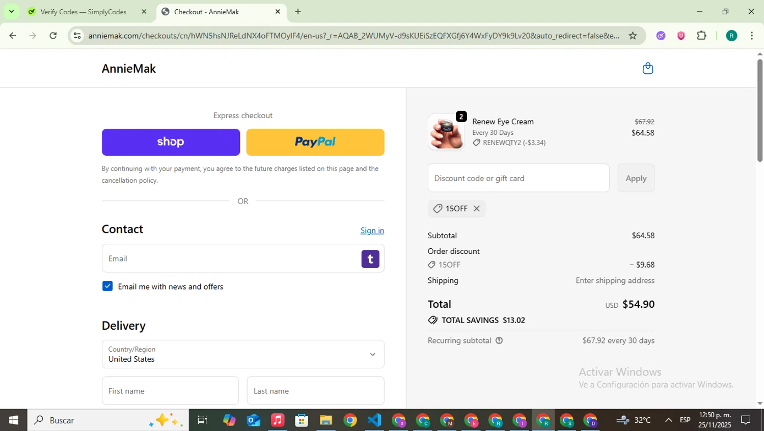 Annie Mak promo code screenshot showing code 15off applied at Annie Mak checkout page. Uploaded by SimplyCodes community member SavingsLegend387 on Nov 25, 2025