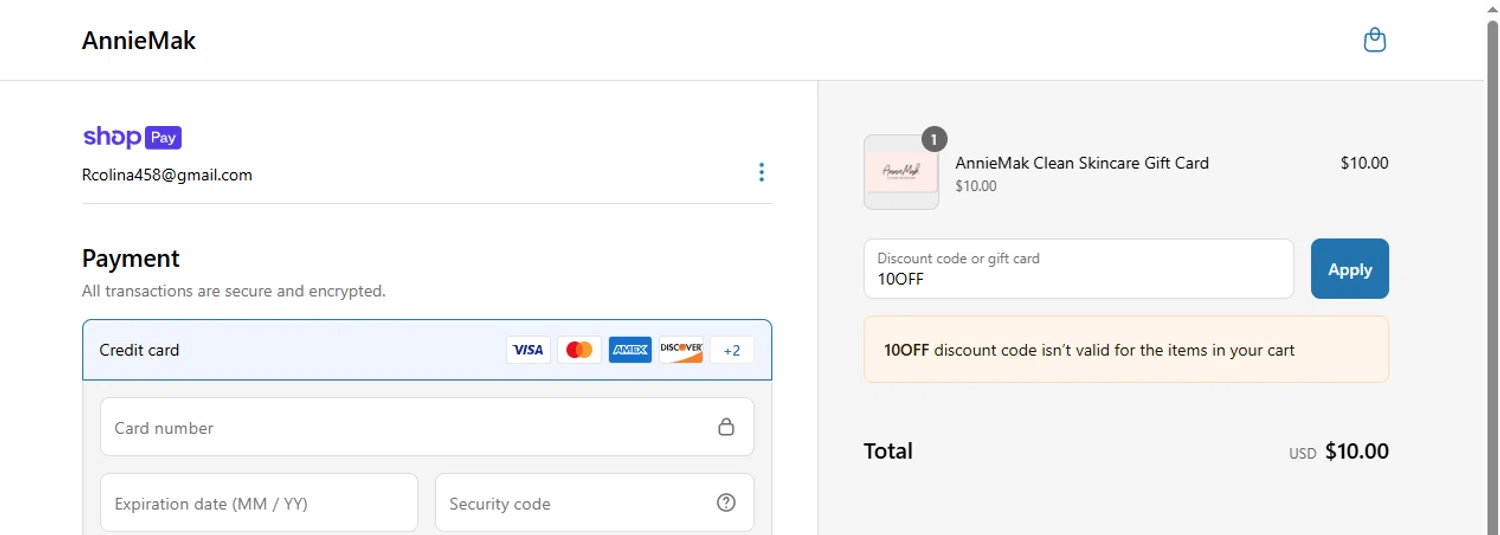 Annie Mak promo code screenshot showing code 10OFF applied at Annie Mak checkout page. Uploaded by SimplyCodes community member ScanGenius949 on Jun 12, 2025