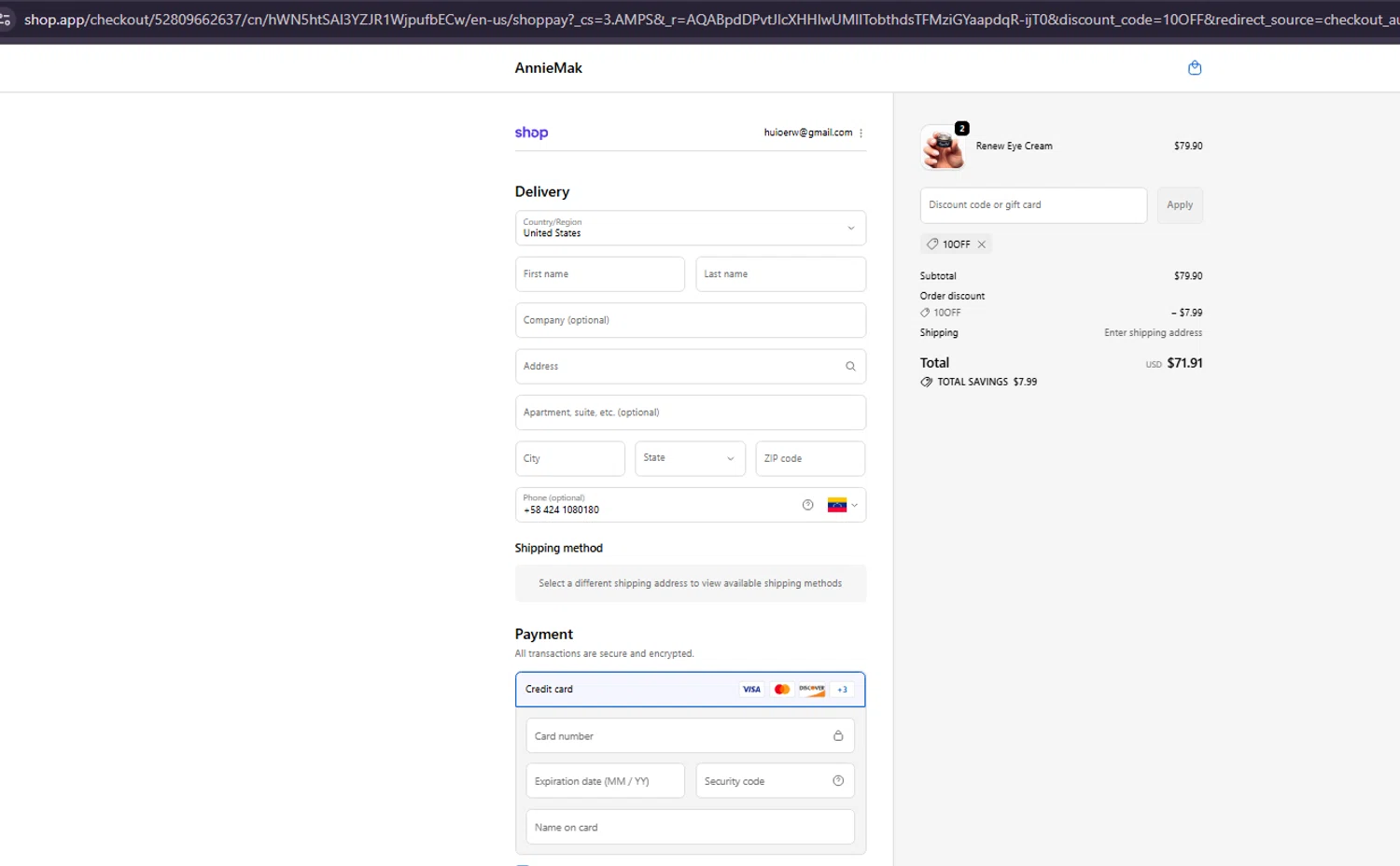 Annie Mak promo code screenshot showing code 10OFF applied at Annie Mak checkout page. Uploaded by SimplyCodes community member ivanguere on Nov 25, 2025