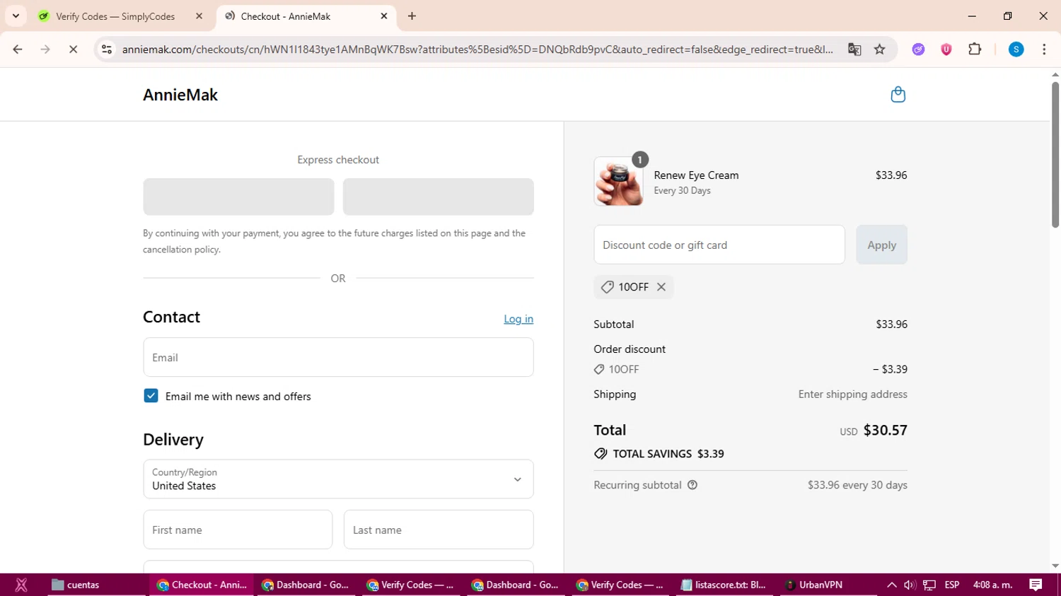 Annie Mak promo code screenshot showing code 10OFF applied at Annie Mak checkout page. Uploaded by SimplyCodes community member uleesesv on Aug 1, 2025