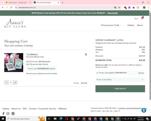Annie's Kit Clubs checkout page showing Annie's Kit Clubs promo code box | Screenshot taken by SimplyCodes community member on Apr 10, 2025