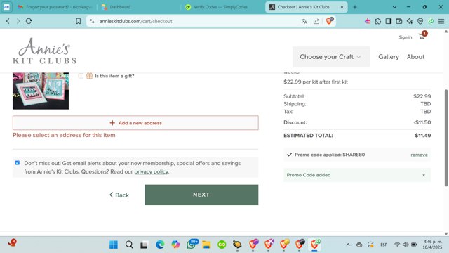 Annie's Kit Clubs checkout page showing Annie's Kit Clubs promo code box | Screenshot taken by SimplyCodes community member on Apr 10, 2025