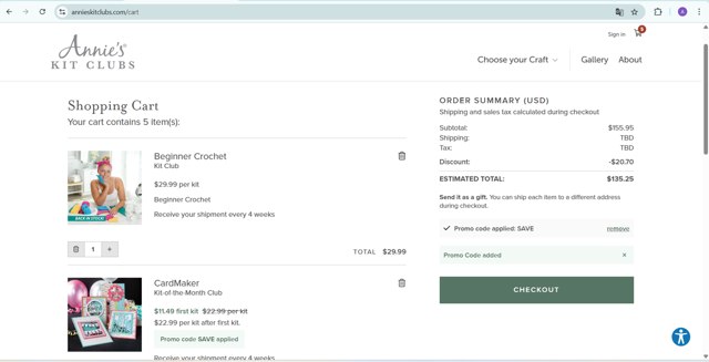 Annie's Kit Clubs checkout page showing Annie's Kit Clubs promo code box | Screenshot taken by SimplyCodes community member on Apr 10, 2025