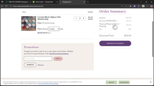 Annie's Kit Clubs checkout page showing Annie's Kit Clubs promo code box | Screenshot taken by SimplyCodes community member on Aug 10, 2025