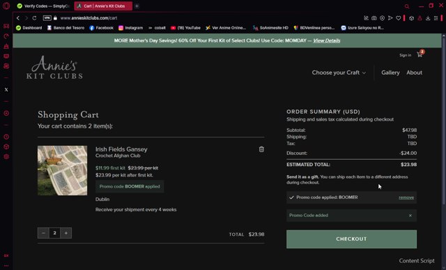 Annie's Kit Clubs checkout page showing Annie's Kit Clubs promo code box | Screenshot taken by SimplyCodes community member on Apr 10, 2025