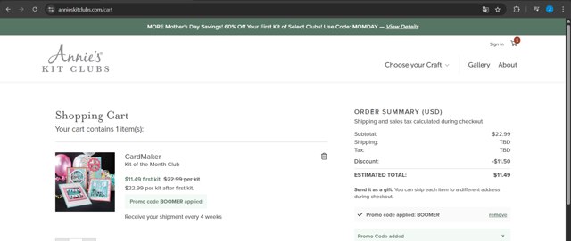 Annie's Kit Clubs checkout page showing Annie's Kit Clubs promo code box | Screenshot taken by SimplyCodes community member on Apr 10, 2025