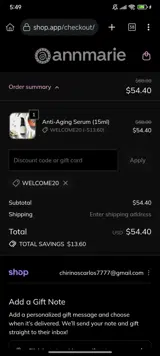 WELCOME20 coupon verification screenshot