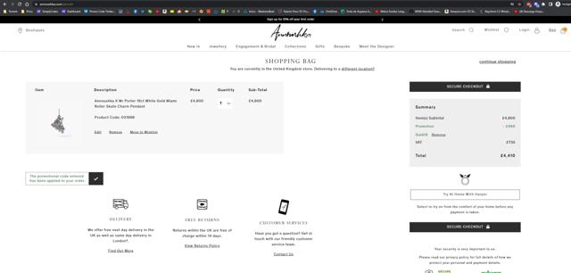 Annoushka checkout page showing Annoushka discount code box | Screenshot taken by SimplyCodes community member on Apr 28, 2023