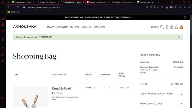 Annoushka checkout page showing Annoushka discount code box | Screenshot taken by SimplyCodes community member on Nov 23, 2024