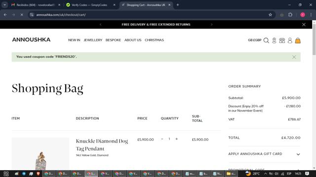Annoushka checkout page showing Annoushka discount code box | Screenshot taken by SimplyCodes community member on Nov 24, 2024