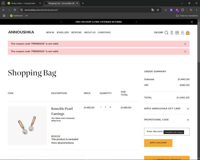 Annoushka checkout page showing Annoushka discount code box | Screenshot taken by SimplyCodes community member on Nov 23, 2024