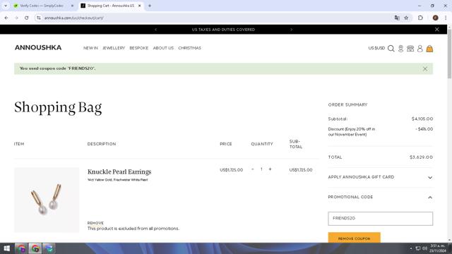 Annoushka checkout page showing Annoushka discount code box | Screenshot taken by SimplyCodes community member on Nov 23, 2024